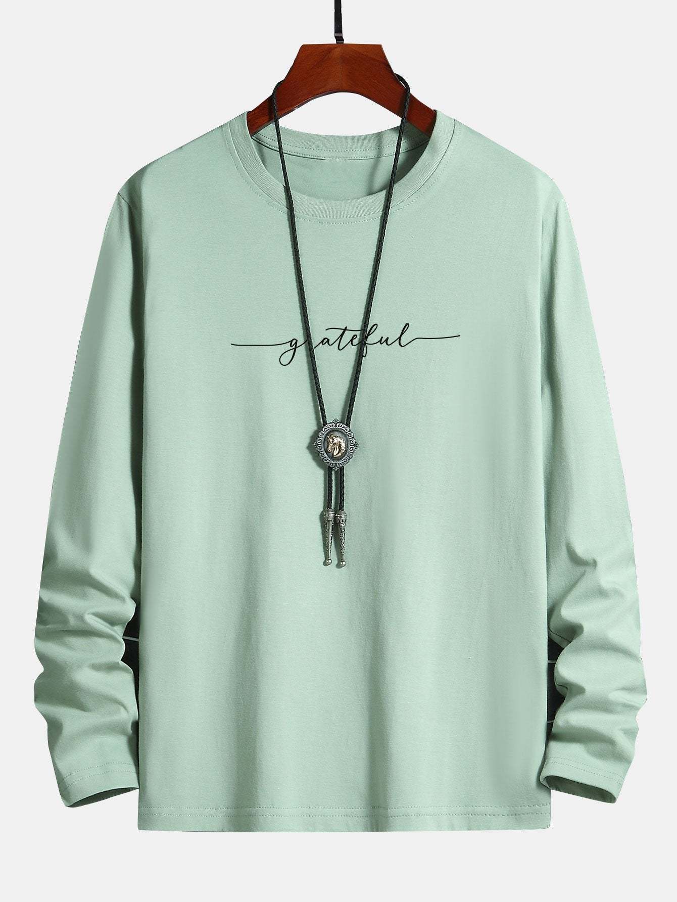 Long Sleeve Grateful Print Cotton T-Shirt-Mitchell Shoes