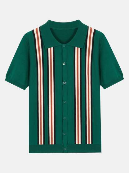 Short Sleeve Striped Button Up Sweater Polo-Mitchell Shoes