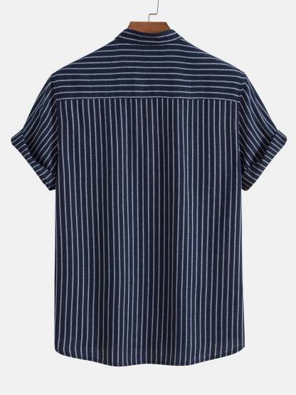 Cotton Blend Striped Stand Collar Shirt & Straight Leg Linen Pants-Mitchell Shoes