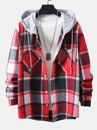 Long Sleeve Hooded Flannel Plaid Overshirt-Mitchell Shoes