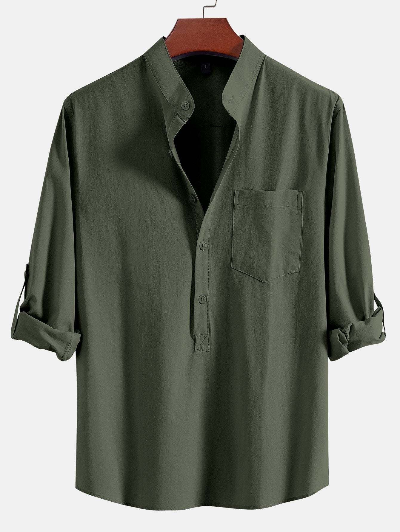 Long Sleeve Linen Look Henley Collar Shirt-Mitchell Shoes