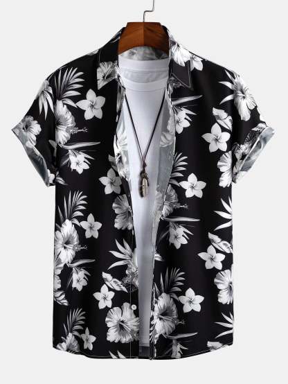 Tropical Floral Print Button Up Shirt & Linen Cotton Blend Cropped Pants-Mitchell Shoes