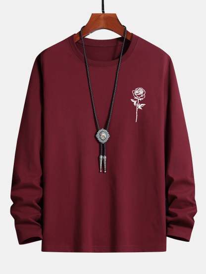 Long Sleeve Rose Print Cotton T-Shirt-Mitchell Shoes