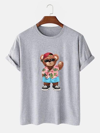 Bear In Hawaiian Shirt Print T-Shirt-Mitchell Shoes