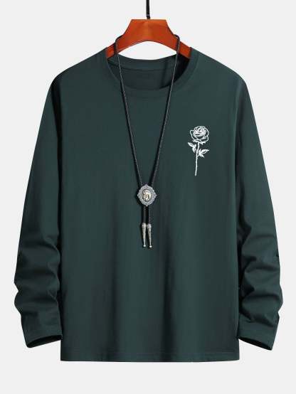 Long Sleeve Rose Print Cotton T-Shirt-Mitchell Shoes