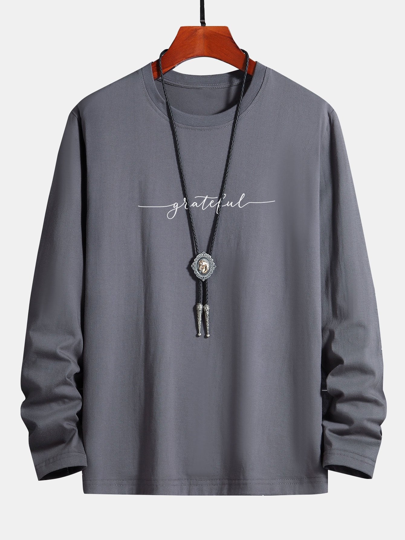Long Sleeve Grateful Print Cotton T-Shirt-Mitchell Shoes