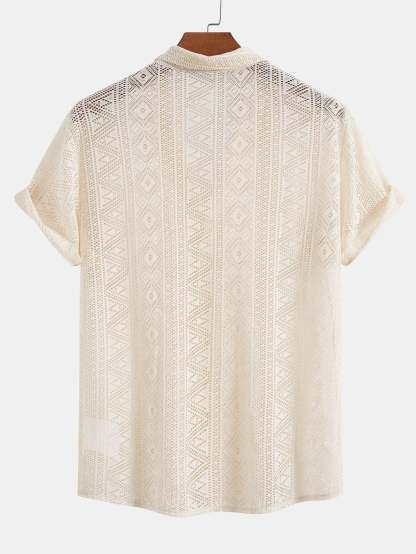 Short Sleeve Geometry Textured Cuban Shirt-Mitchell Shoes