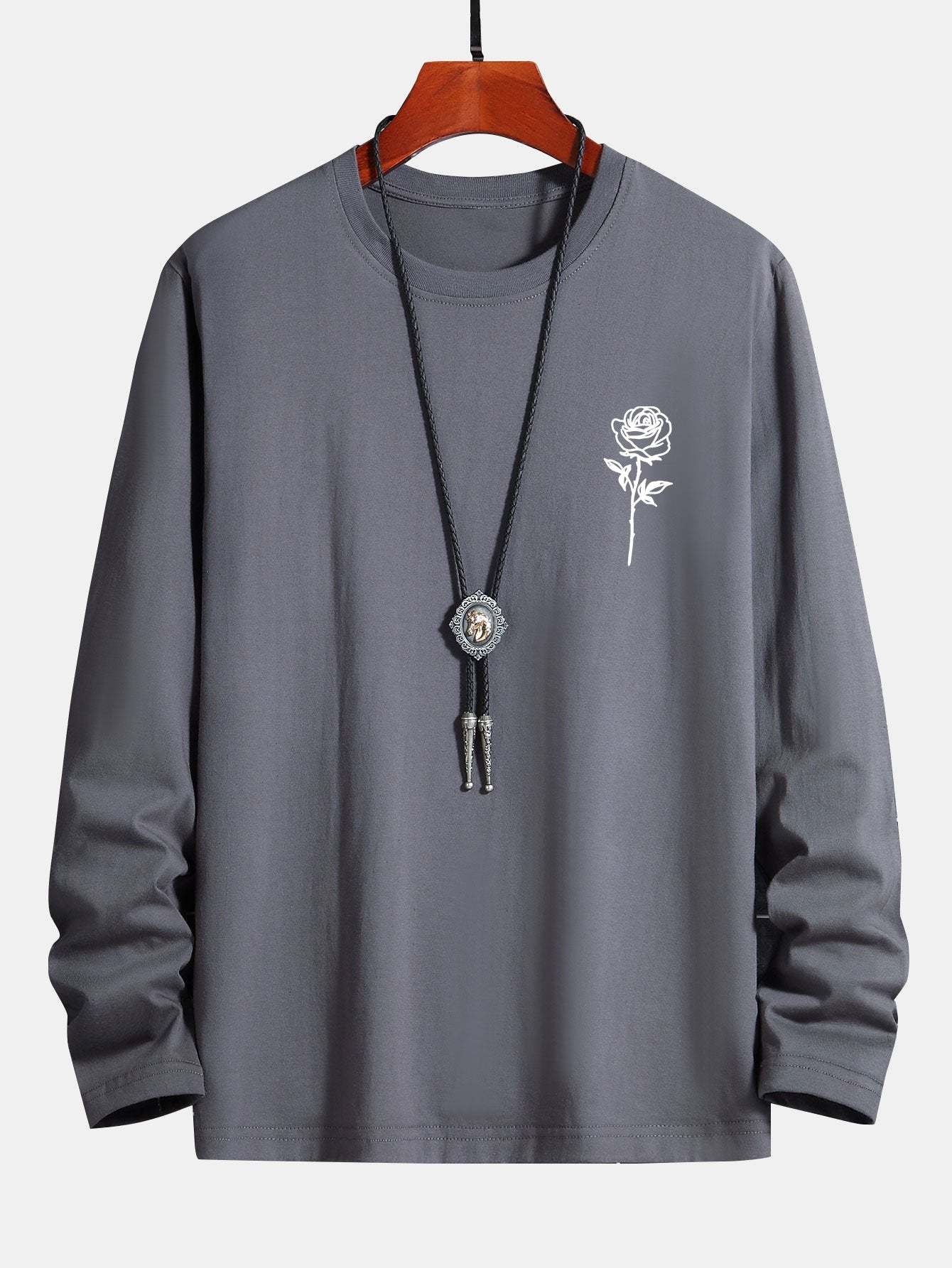 Long Sleeve Rose Print Cotton T-Shirt-Mitchell Shoes