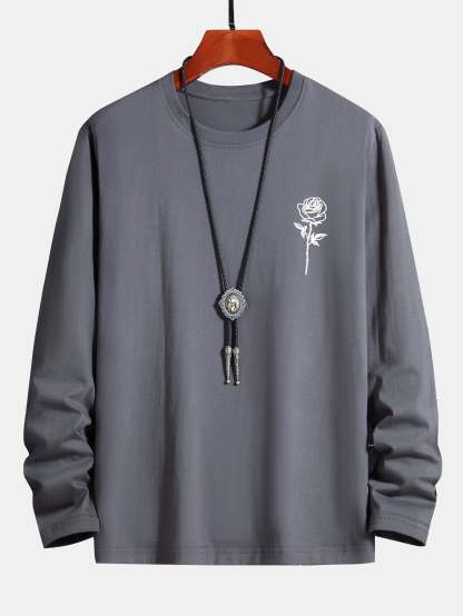 Long Sleeve Rose Print Cotton T-Shirt-Mitchell Shoes