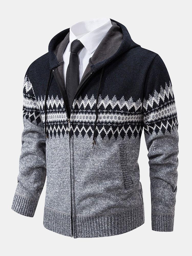 Geometric Pattern Zip Hooded Sweater-Mitchell Shoes