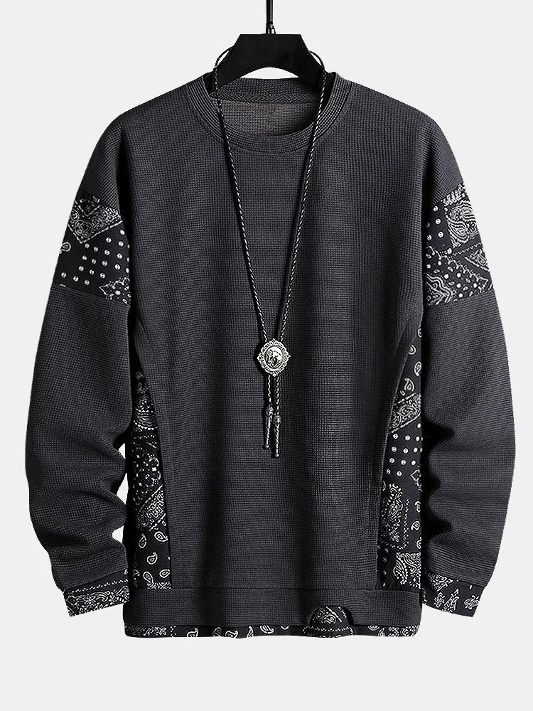 Paisley Print Panel Waffle Sweatshirt-Mitchell Shoes
