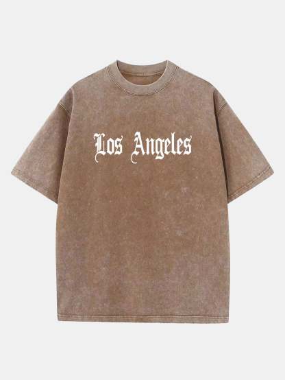 Los Angeles Gothic Print Washed Distressed Drop Shoulder T-Shirt-Mitchell Shoes