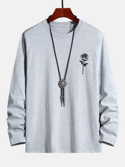 Long Sleeve Rose Print Cotton T-Shirt-Mitchell Shoes