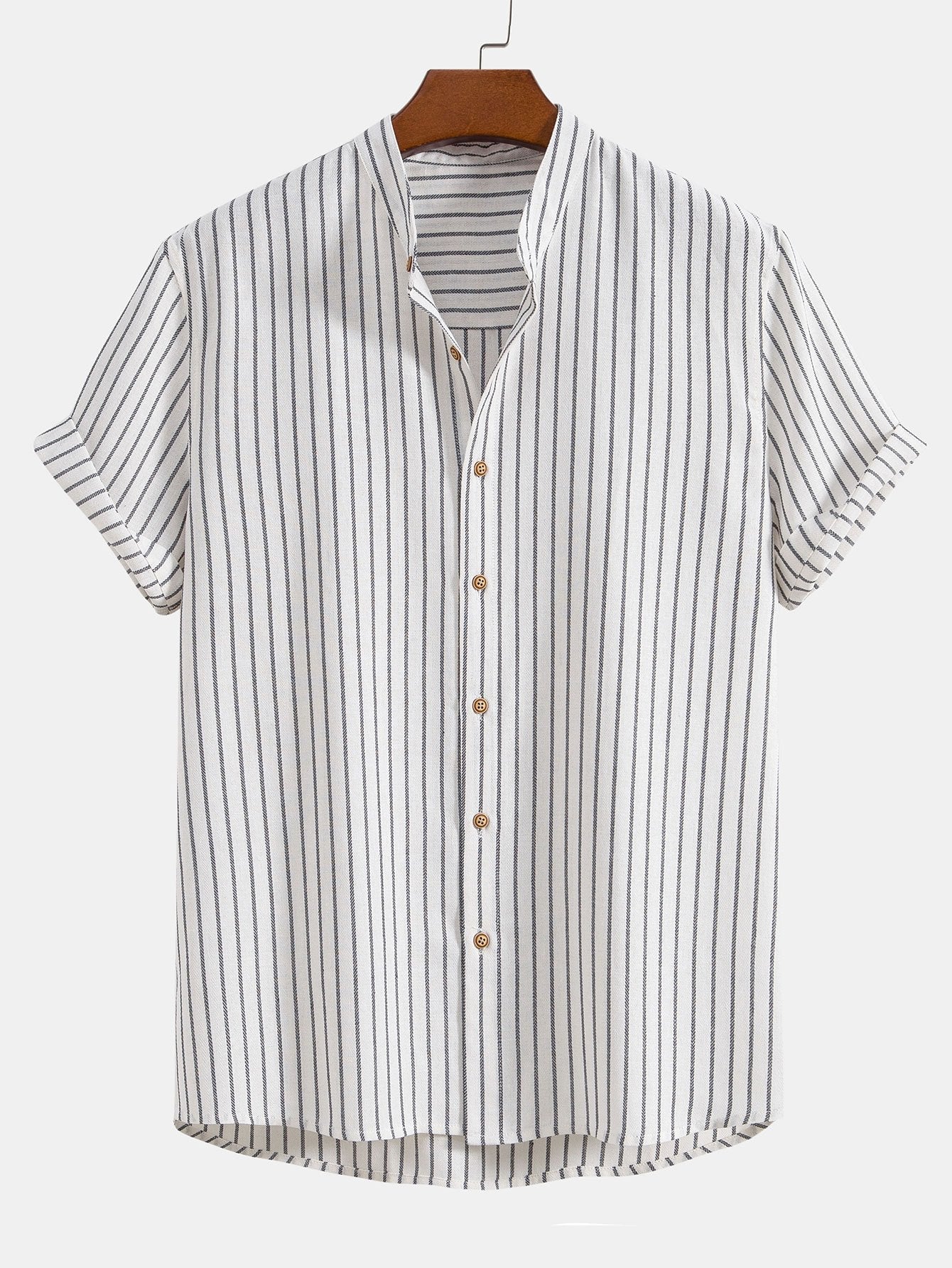 Cotton Blend Striped Stand Collar Shirt & Straight Leg Linen Pants-Mitchell Shoes
