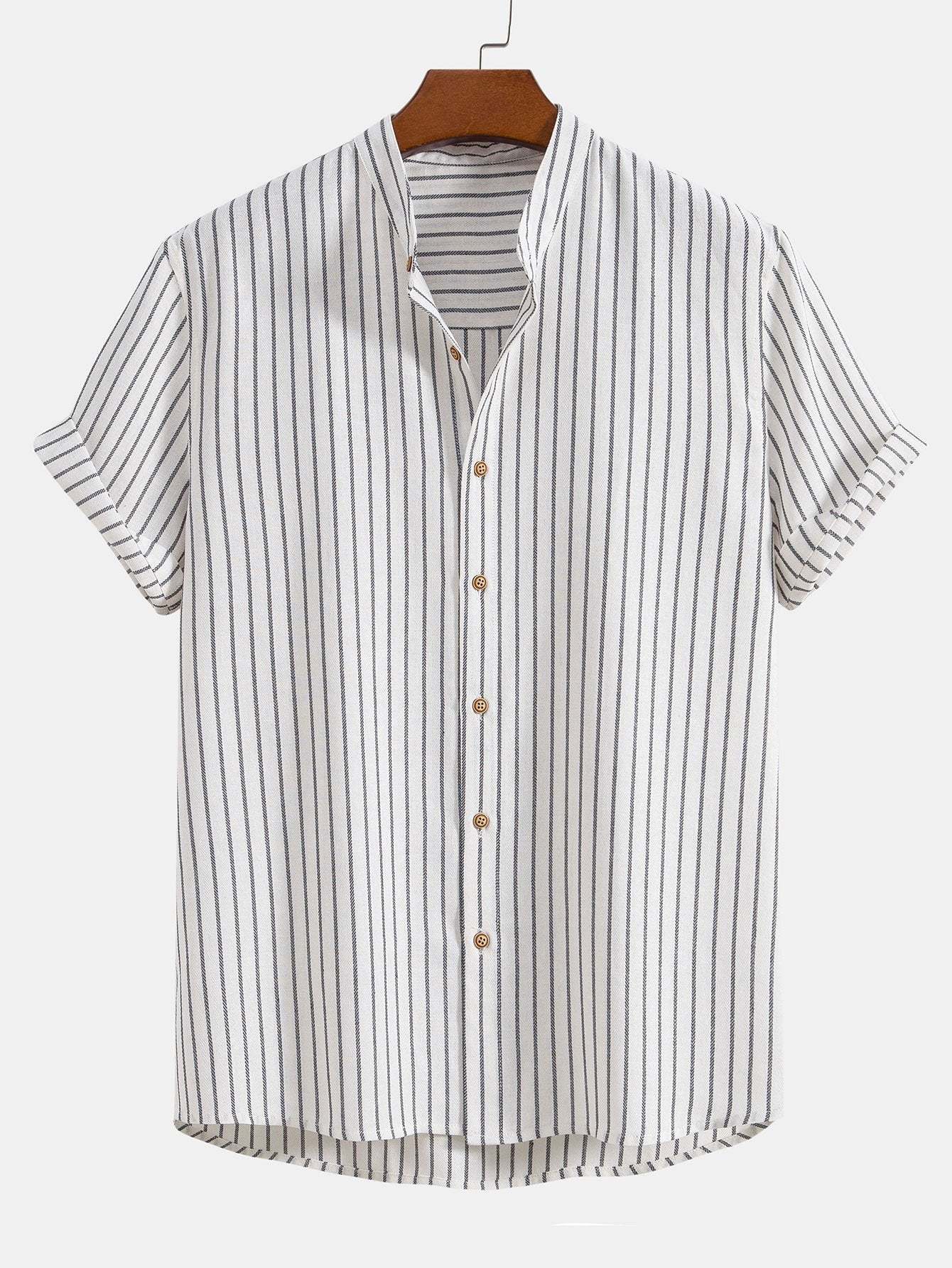 Cotton Blend Striped Stand Collar Shirt & Straight Leg Linen Pants-Mitchell Shoes