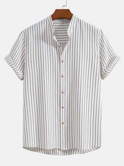 Cotton Blend Striped Stand Collar Shirt & Straight Leg Linen Pants-Mitchell Shoes