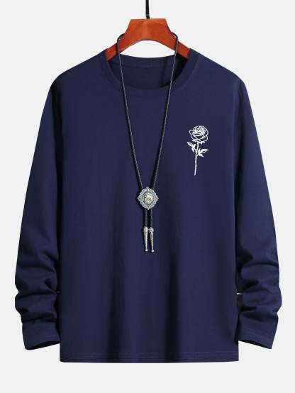 Long Sleeve Rose Print Cotton T-Shirt-Mitchell Shoes
