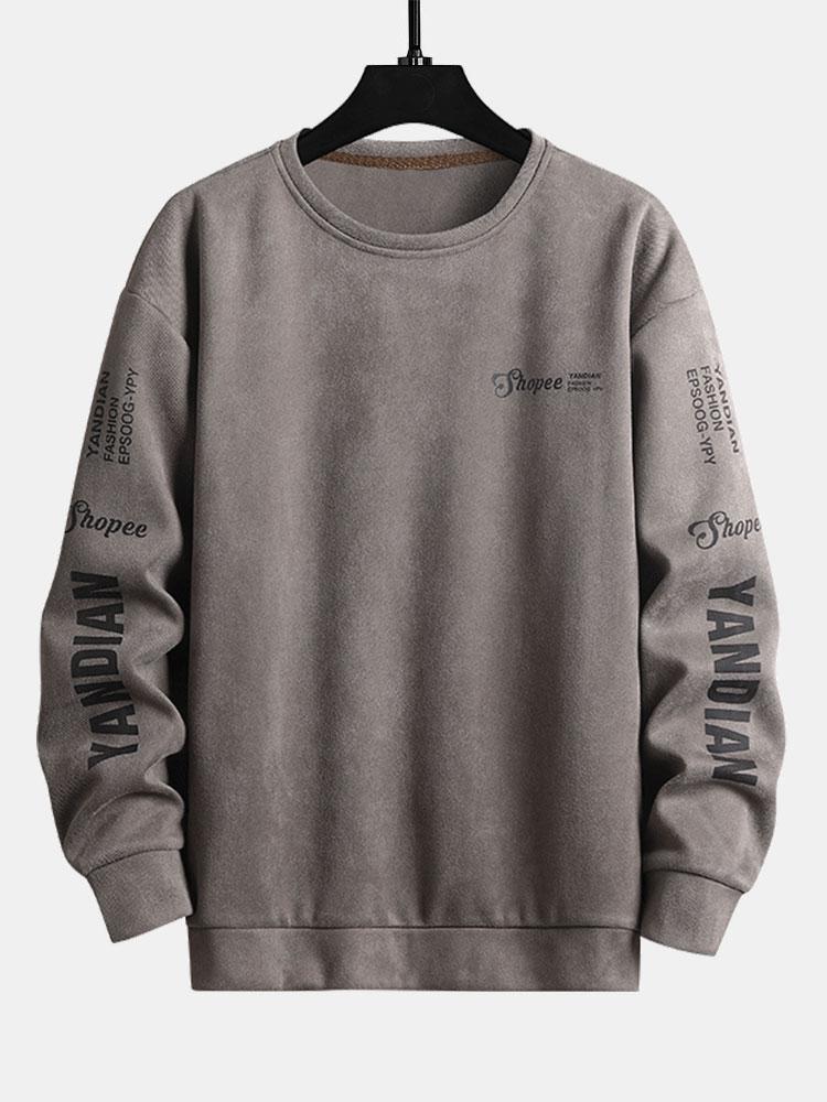 Letter Print Suede Crew Neck Sweatshirt-Mitchell Shoes