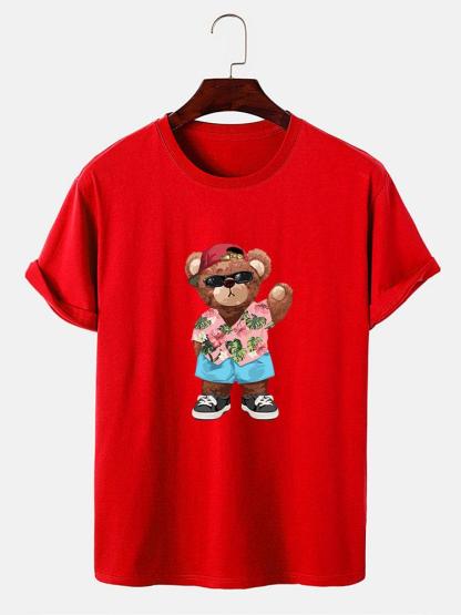 Bear In Hawaiian Shirt Print T-Shirt-Mitchell Shoes