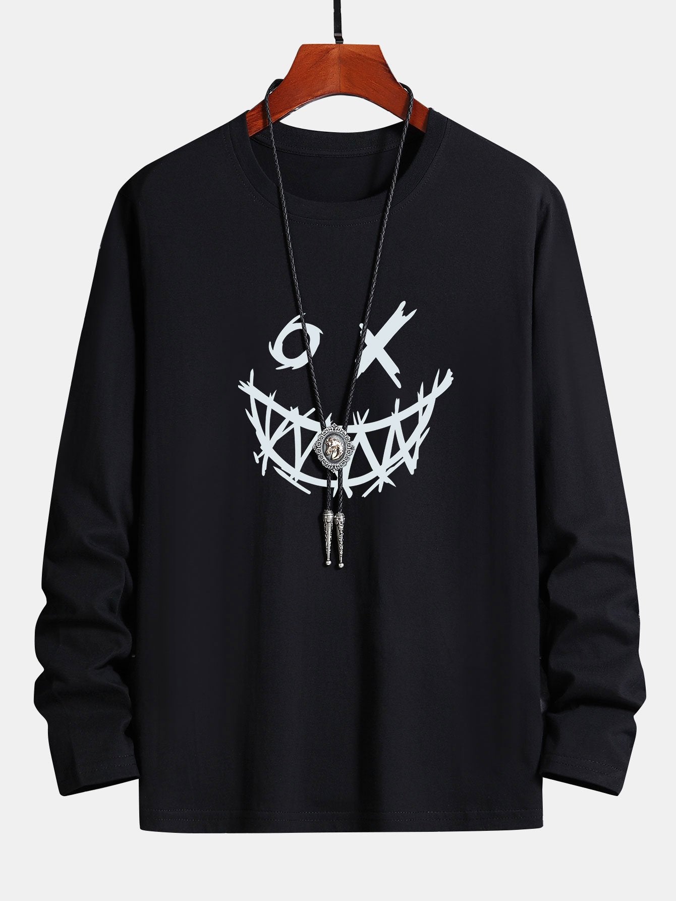 Long Sleeve Scary Face Print Cotton T-Shirt-Mitchell Shoes