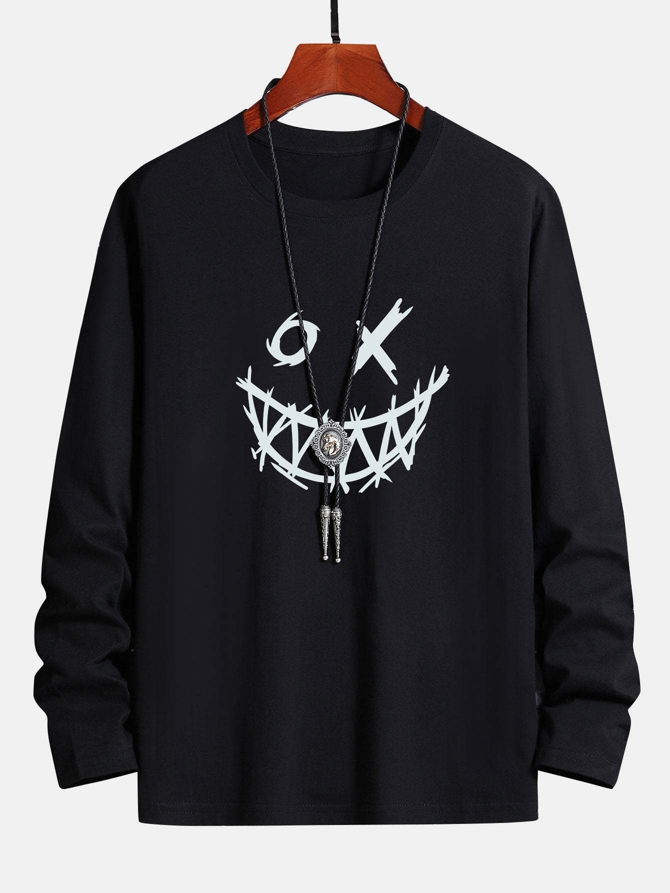 Long Sleeve Scary Face Print Cotton T-Shirt-Mitchell Shoes