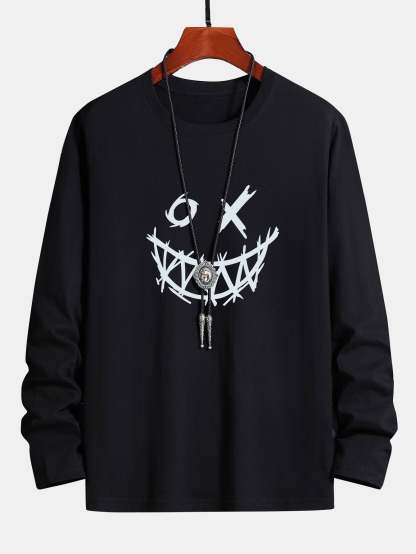 Long Sleeve Scary Face Print Cotton T-Shirt-Mitchell Shoes