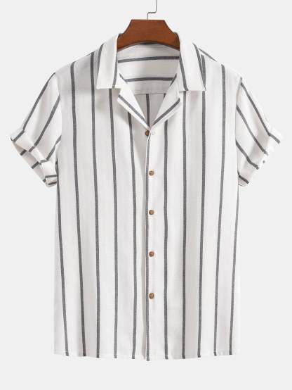 Cotton Blend Striped Cuban Shirt & Straight Leg Linen Pants-Mitchell Shoes
