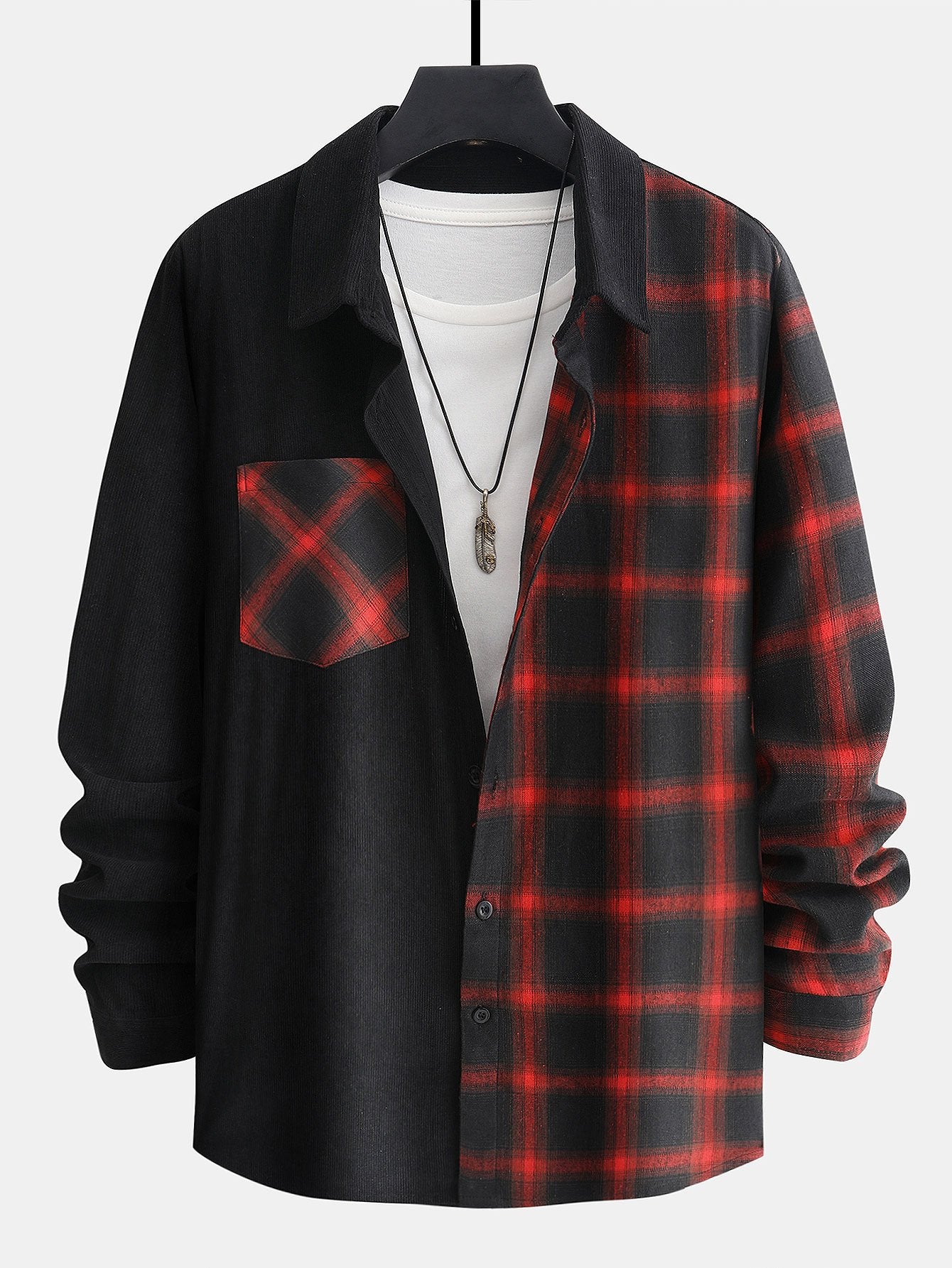 Long Sleeve Corduroy Plaid Panel Shirt-Mitchell Shoes