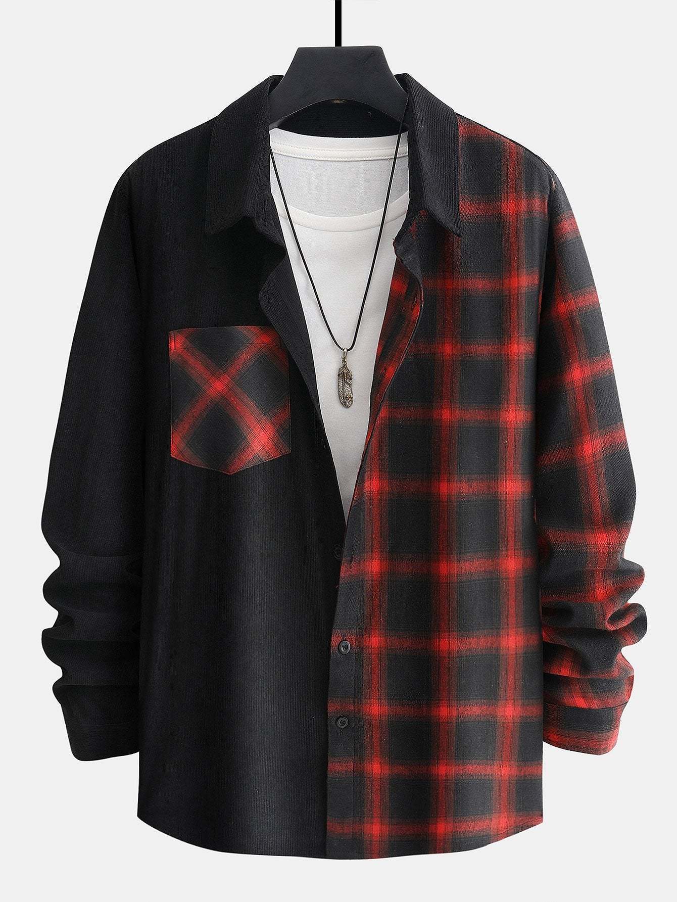 Long Sleeve Corduroy Plaid Panel Shirt-Mitchell Shoes