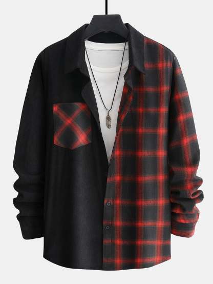 Long Sleeve Corduroy Plaid Panel Shirt-Mitchell Shoes