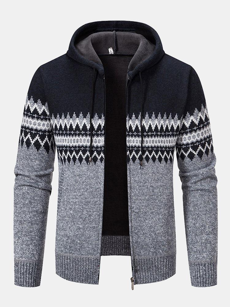 Geometric Pattern Zip Hooded Sweater-Mitchell Shoes