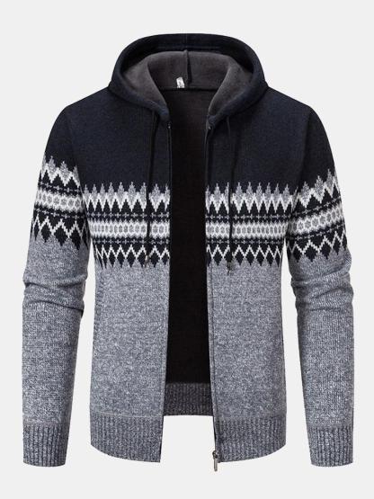 Geometric Pattern Zip Hooded Sweater-Mitchell Shoes