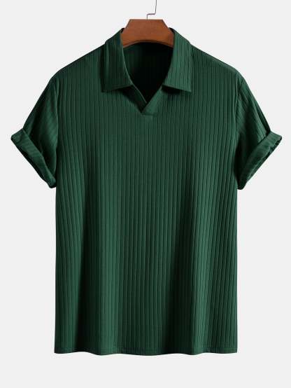 Knitted Ribbed V Neck Polo Shirt-Mitchell Shoes