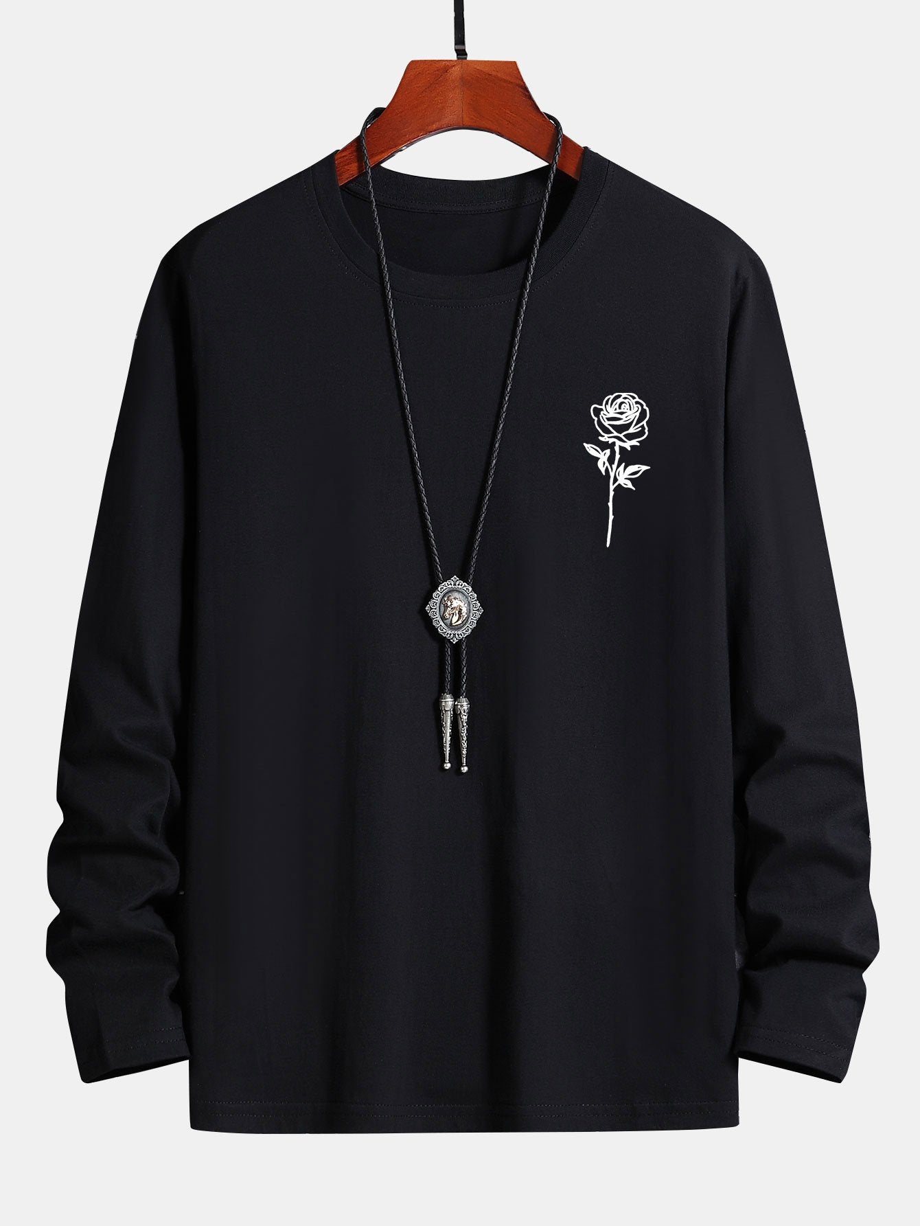 Long Sleeve Rose Print Cotton T-Shirt-Mitchell Shoes