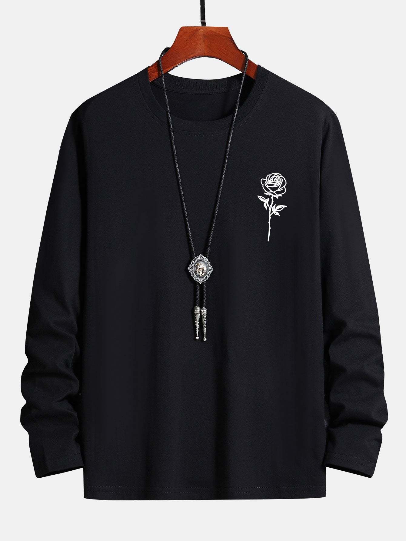 Long Sleeve Rose Print Cotton T-Shirt-Mitchell Shoes