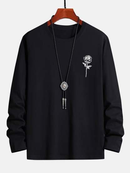 Long Sleeve Rose Print Cotton T-Shirt-Mitchell Shoes