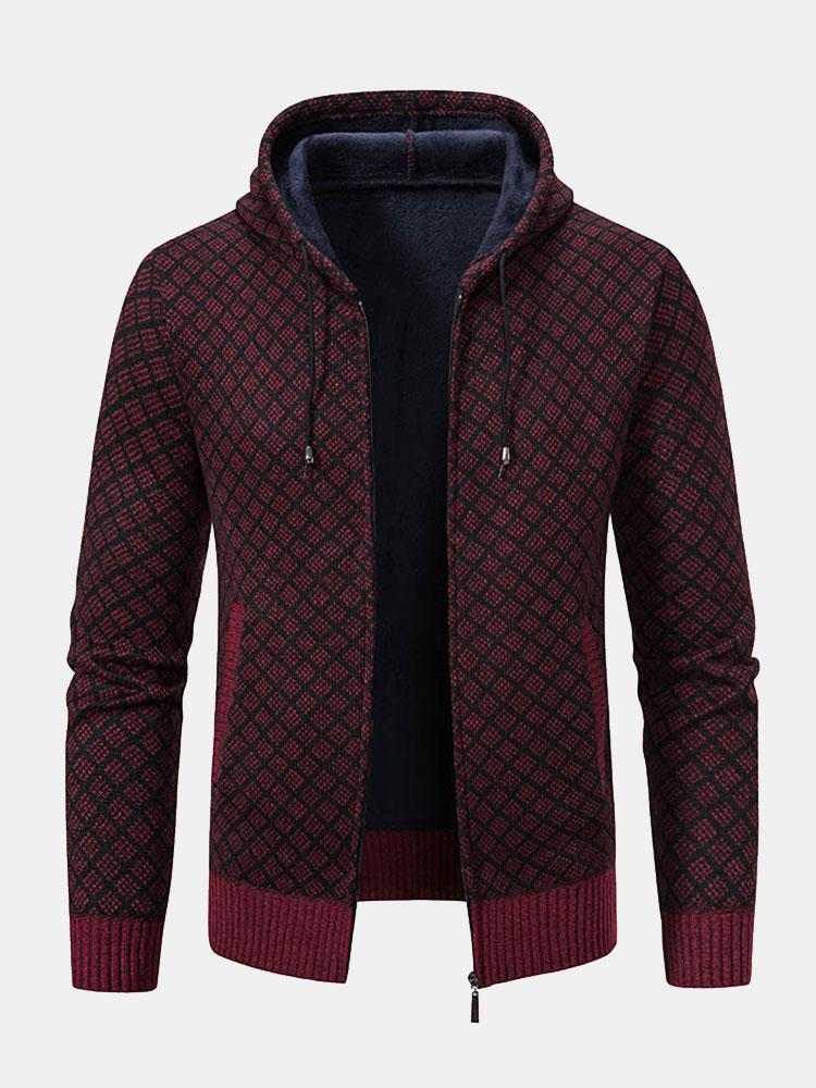 Diamond Pattern Zip Hooded Sweater-Mitchell Shoes