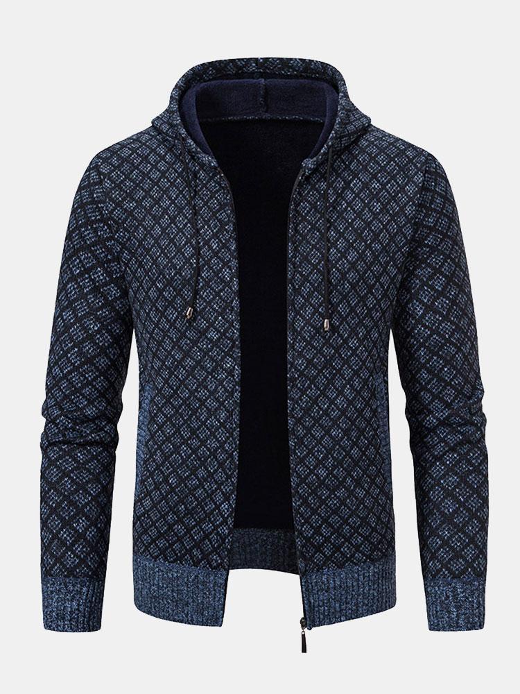 Diamond Pattern Zip Hooded Sweater-Mitchell Shoes