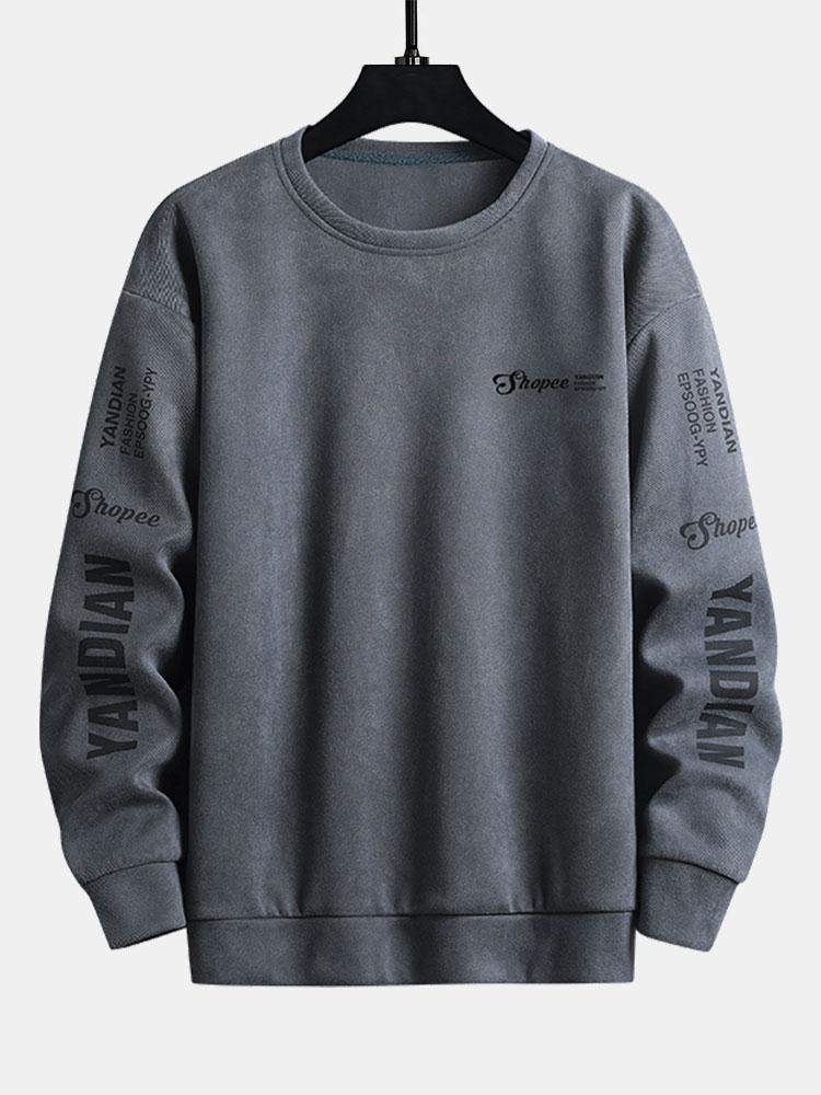 Letter Print Suede Crew Neck Sweatshirt-Mitchell Shoes