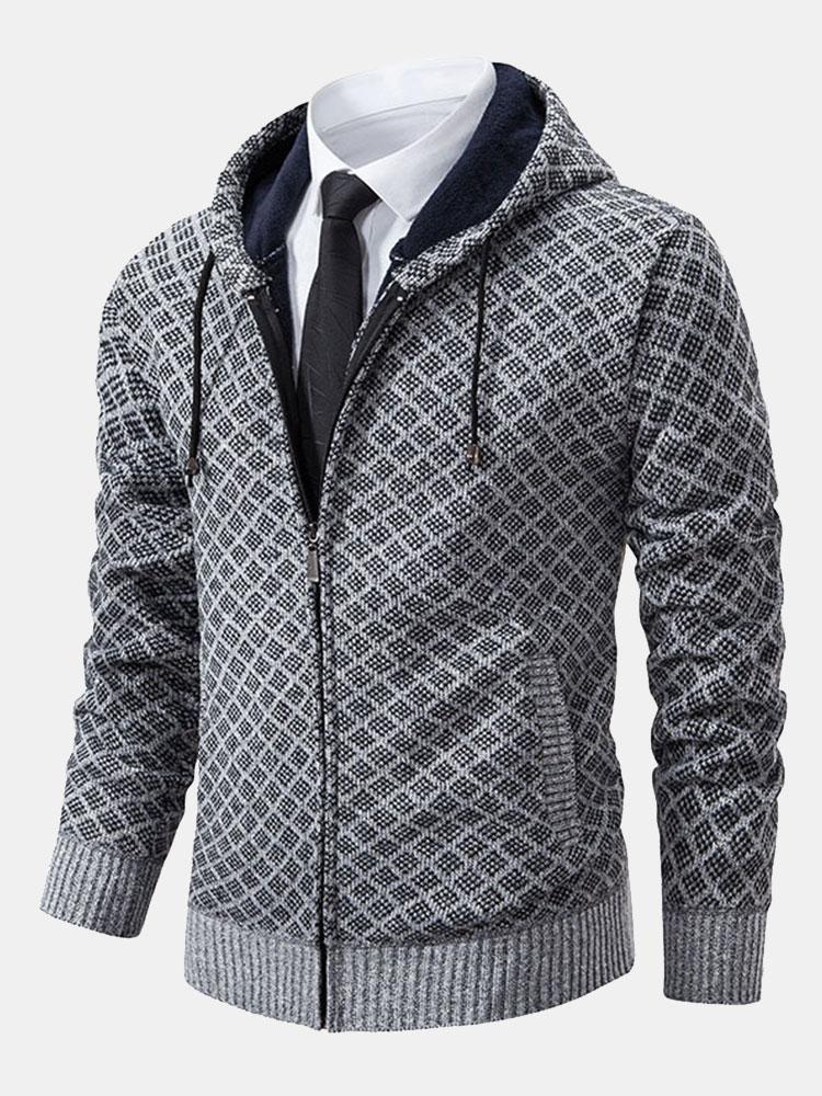 Diamond Pattern Zip Hooded Sweater-Mitchell Shoes
