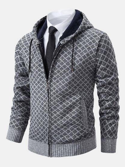Diamond Pattern Zip Hooded Sweater-Mitchell Shoes