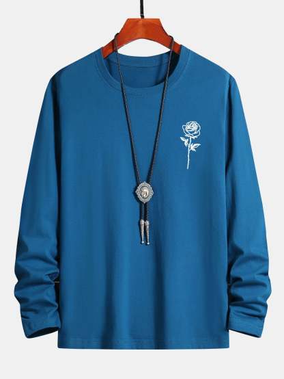 Long Sleeve Rose Print Cotton T-Shirt-Mitchell Shoes
