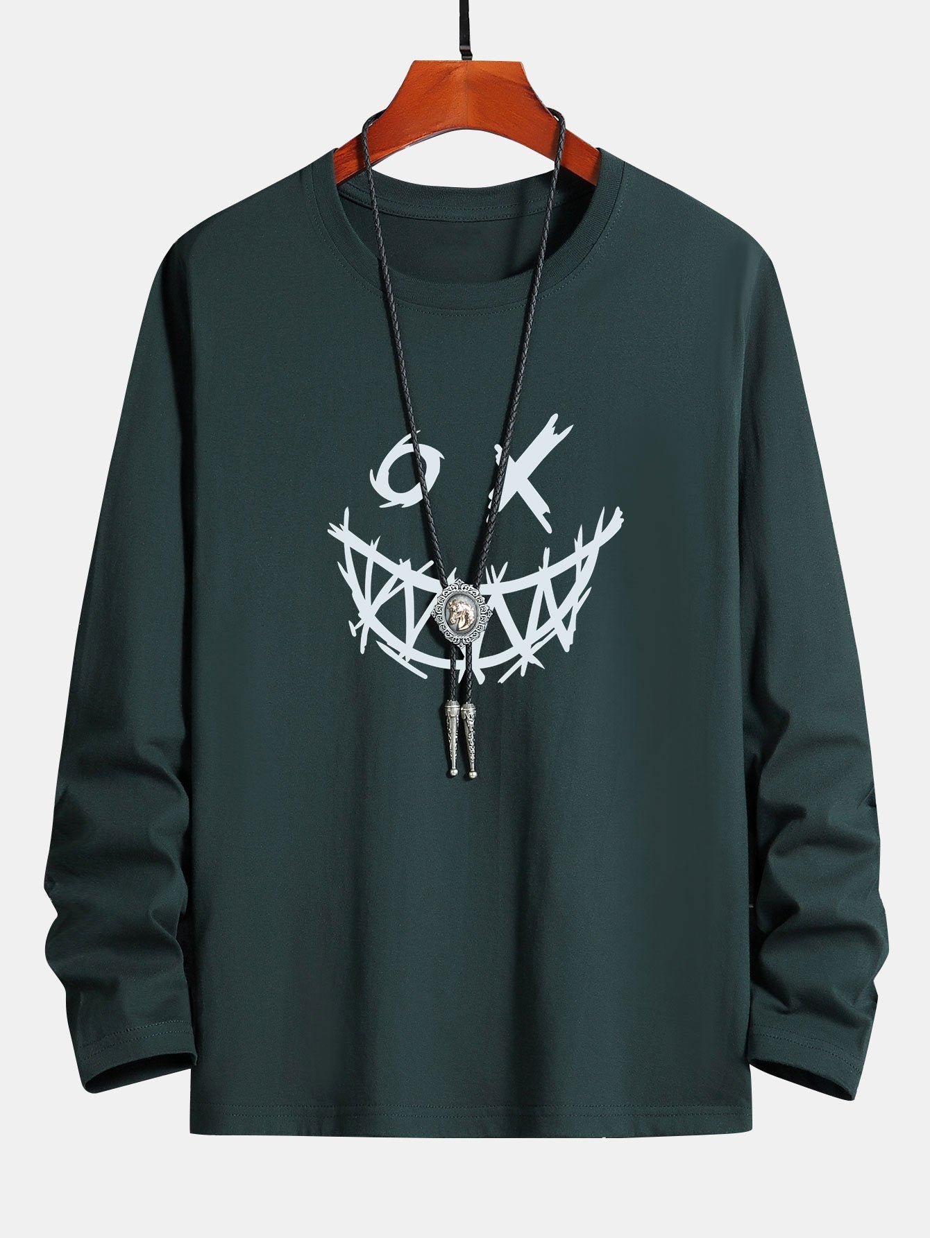 Long Sleeve Scary Face Print Cotton T-Shirt-Mitchell Shoes