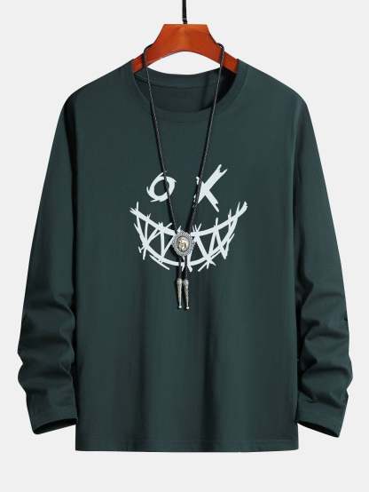 Long Sleeve Scary Face Print Cotton T-Shirt-Mitchell Shoes