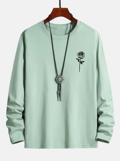 Long Sleeve Rose Print Cotton T-Shirt-Mitchell Shoes