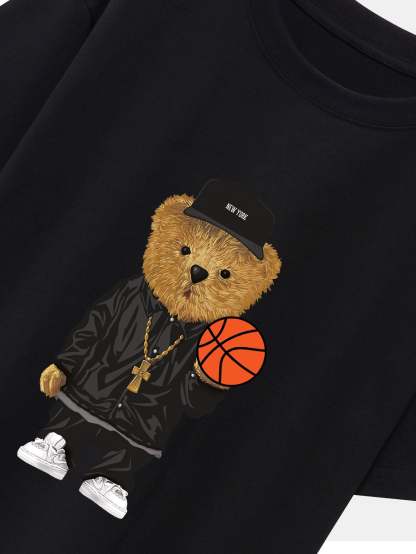 Basketball Bear Print Drop Shoulder Oversize T-Shirt & Jersey Basketball Shorts-Mitchell Shoes