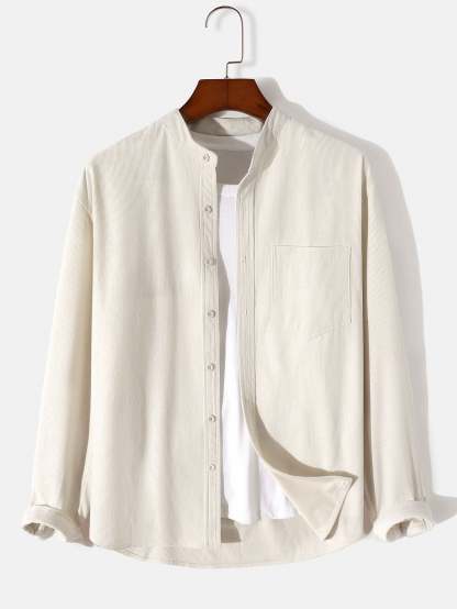 Long Sleeve Stand Collar Corduroy Shirt-Mitchell Shoes