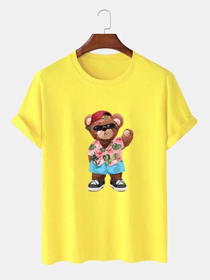 Bear In Hawaiian Shirt Print T-Shirt-Mitchell Shoes