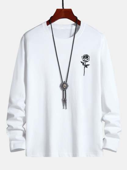 Long Sleeve Rose Print Cotton T-Shirt-Mitchell Shoes