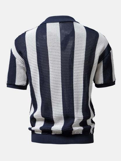 V Neck Striped Knit Polo Shirt-Mitchell Shoes